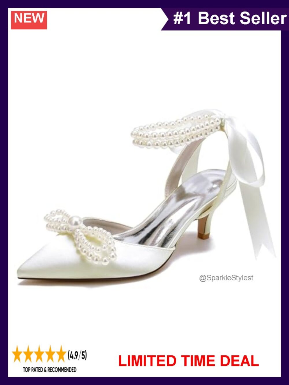 Satin Kitten Heel Slingback Pumps Pearl Bow Wedding Shoes